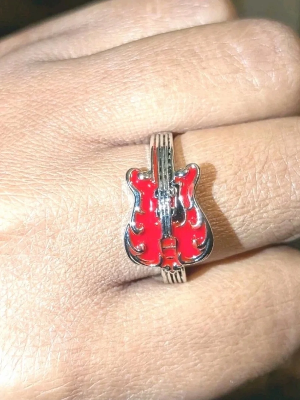 Elvis Inspired Silver Plated Guitar Red Enamel   Unisex Intricate Detailed Ring